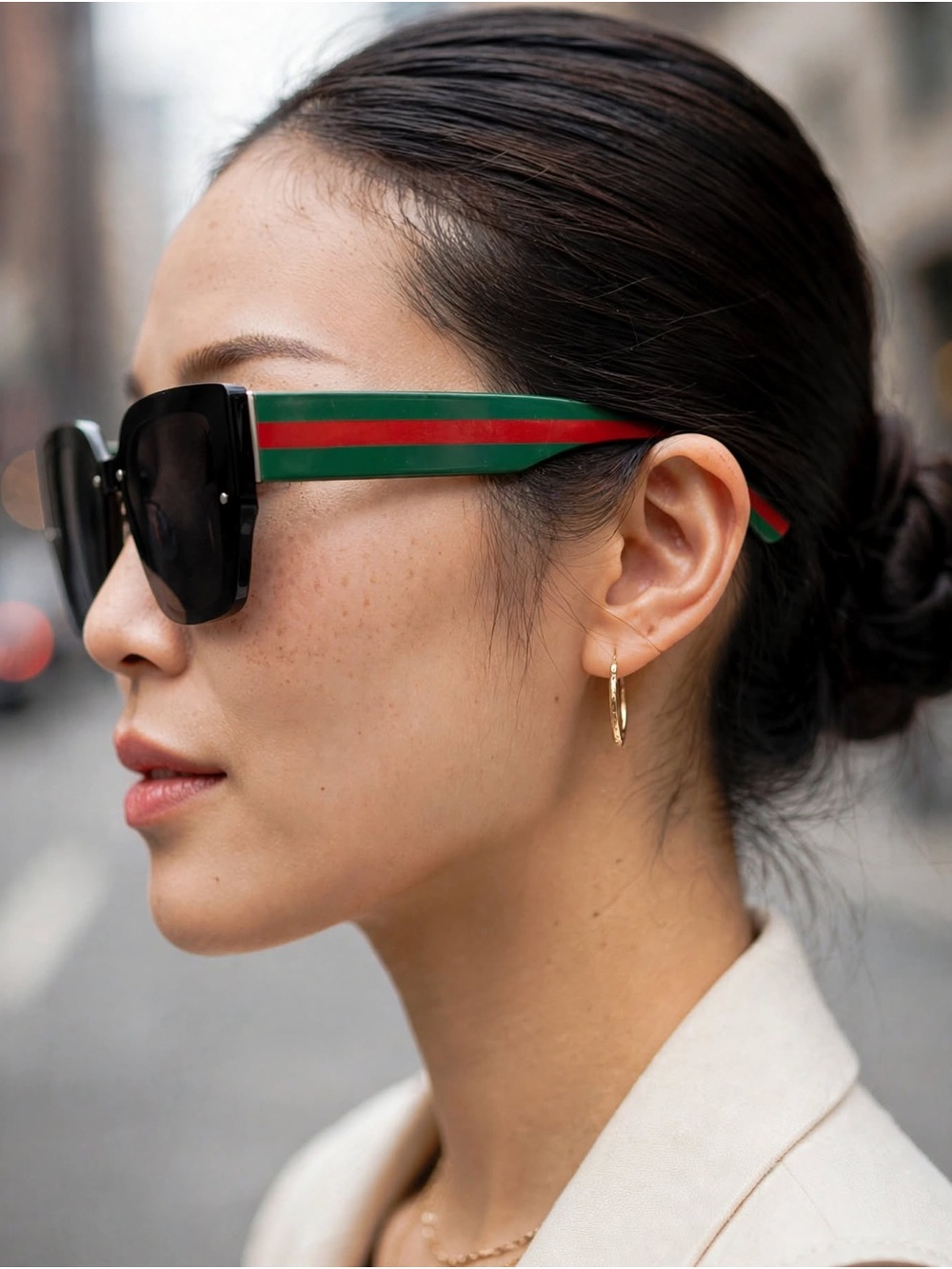 Designer-Inspired Black Sunglasses with Green and Red Accents
